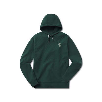Green quilted hoodie with a kangaroo pouch in front. Embroidered on left chest is a Golf Spaty logo. 
