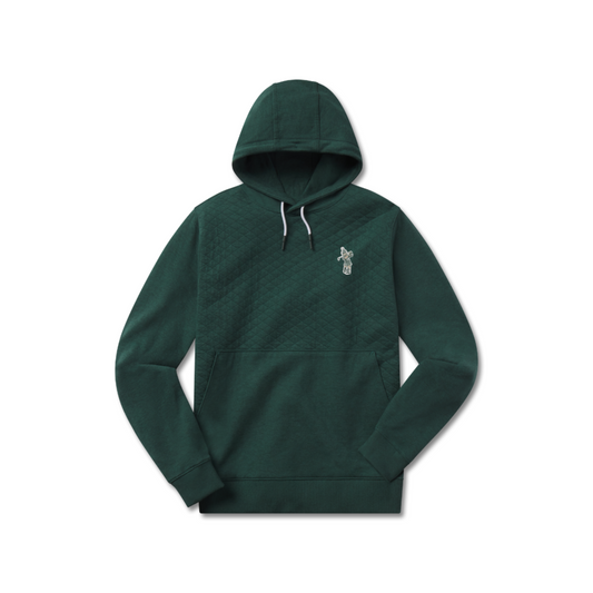 Green quilted hoodie with a kangaroo pouch in front. Embroidered on left chest is a Golf Spaty logo. 