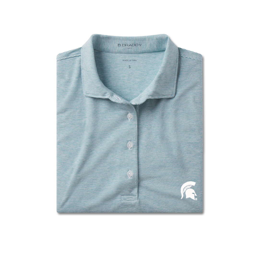 Light blue and white striped short-sleeve polo shirt with a three-button placket, collared neckline, and white Michigan State Spartans helmet logo on the lower right.