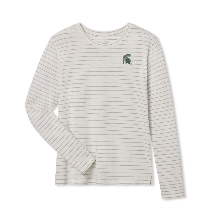 Off white long-sleeved shirt with thin green horizontal stripes, featuring a small embroidered green Spartan helmet logo on the left chest. The shirt has a round neckline and the brand name 'D READY' is visible inside the collar.