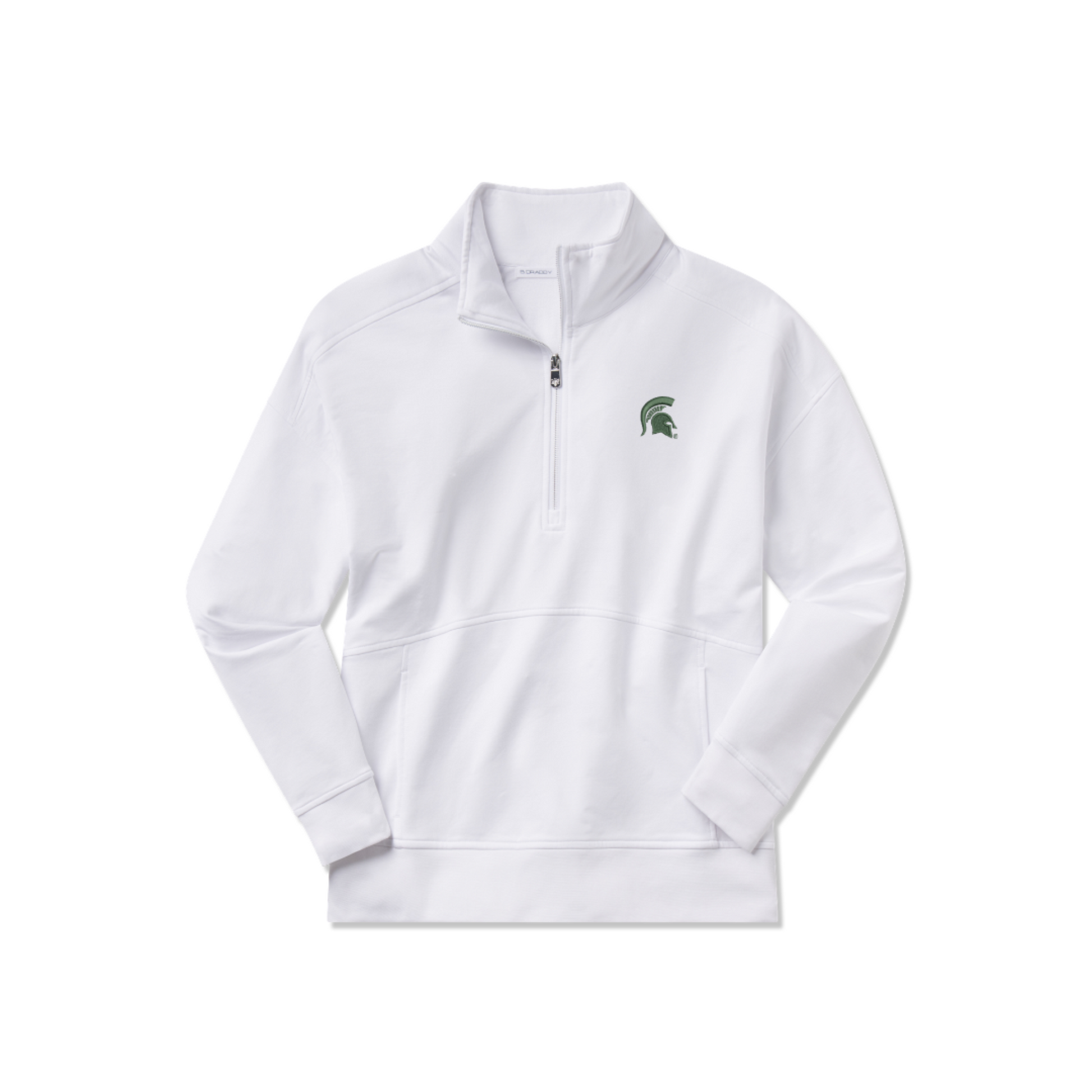 White Michigan State Spartans quarter-zip pullover featuring a green embroidered Spartan helmet logo on the left chest. The long-sleeve top has a mock neck collar, silver-tone quarter-zip closure, front welt pockets, and ribbed cuffs and hem. Product displayed against a light gray background