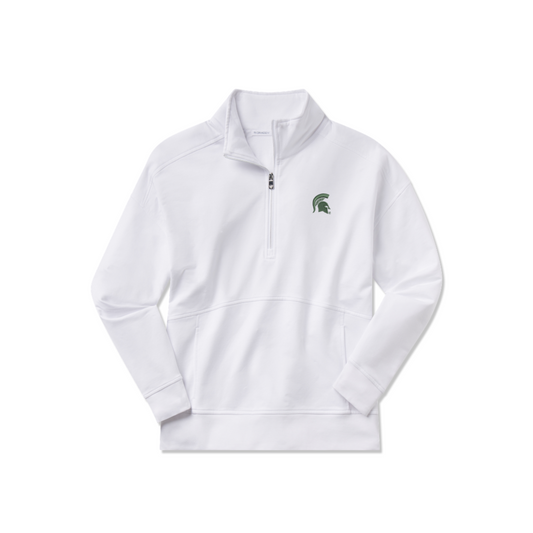 White Michigan State Spartans quarter-zip pullover featuring a green embroidered Spartan helmet logo on the left chest. The long-sleeve top has a mock neck collar, silver-tone quarter-zip closure, front welt pockets, and ribbed cuffs and hem. Product displayed against a light gray background
