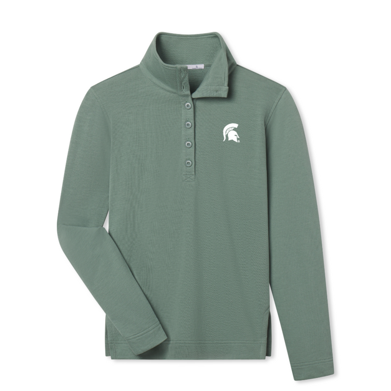 Green long-sleeve pullover shirt with a collar, four-button front, and a white Spartan helmet logo on the left chest