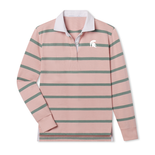 Pink and green striped long-sleeve rugby shirt with a white collar and a Spartan helmet logo in white on the left chest.