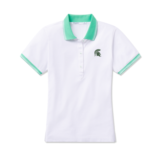 White polo with a three-button placket and dark green Spartan Helmet logo embroidered on the upper left chest. The collar and sleeve hems are bright green with thin white stripes on the them. Shown on a white background. 