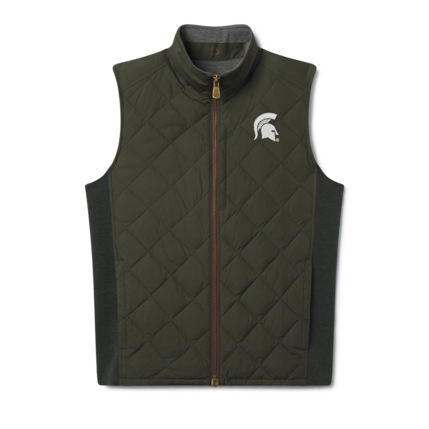 Dark green sleeveless quilted vest with front zipper, featuring a white Michigan State Spartans helmet logo on the left chest.
