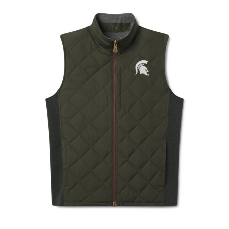 Dark green sleeveless quilted vest with front zipper, featuring a white Michigan State Spartans helmet logo on the left chest.