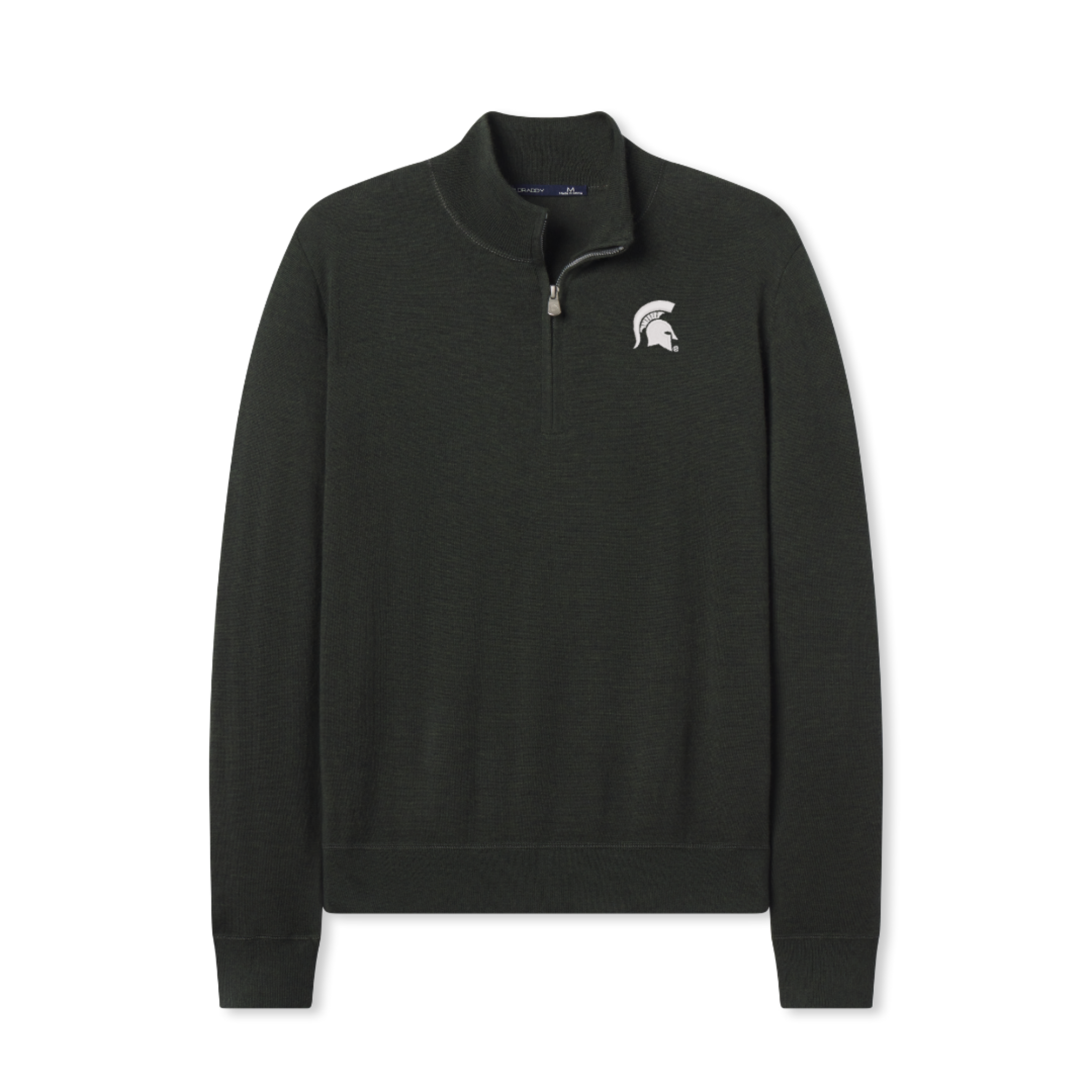 Dark green long-sleeve quarter-zip sweater with a small white Spartan helmet logo on the left chest.