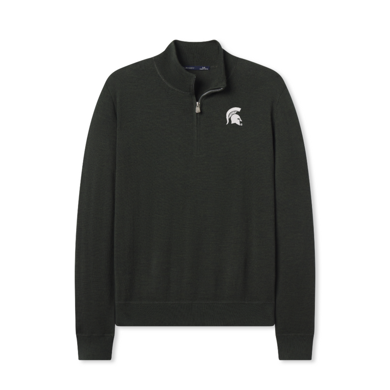 Dark green long-sleeve quarter-zip sweater with a small white Spartan helmet logo on the left chest.