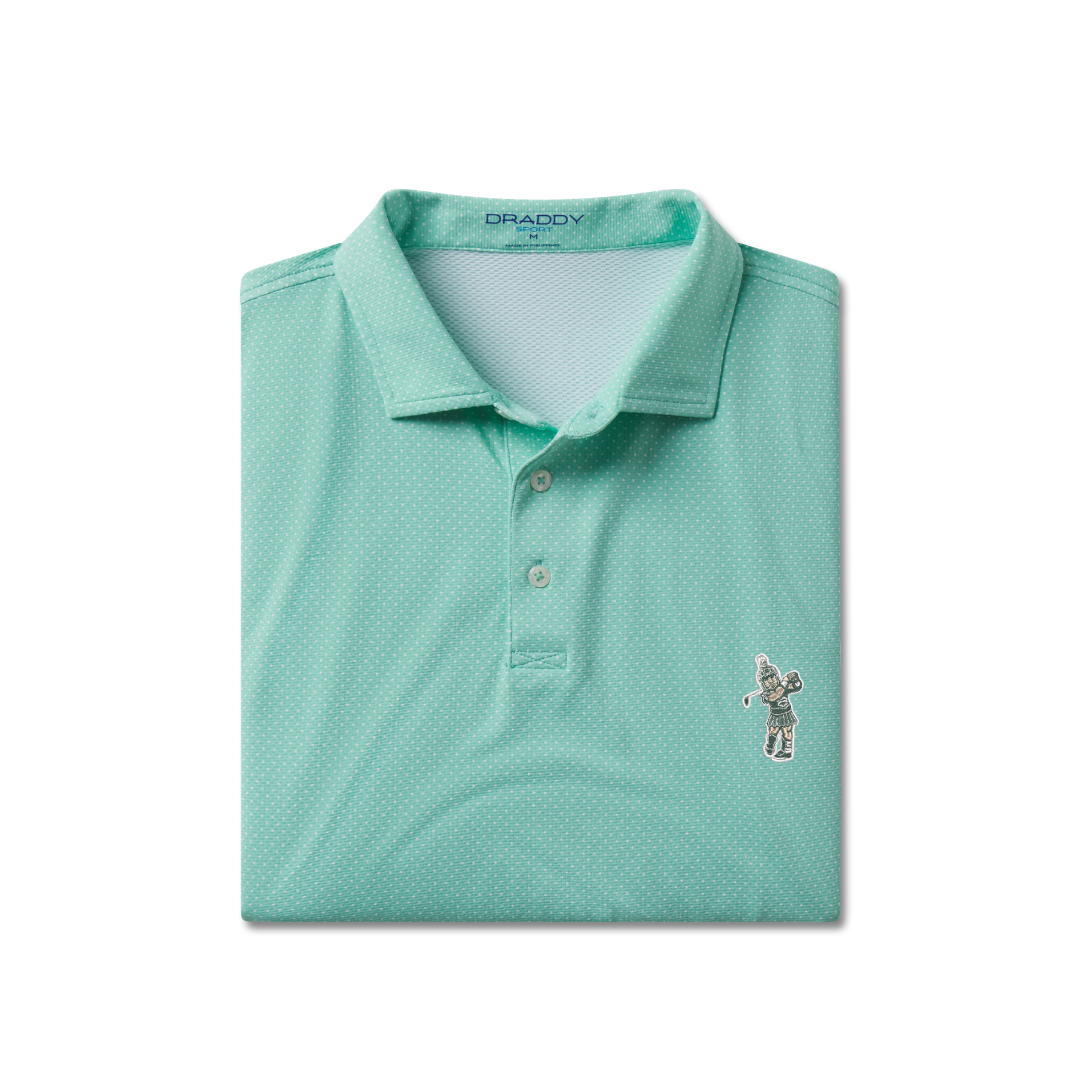 Teal green polo with small white polka dots. Embroidered on left chest in white is a Spartan helmet logo. 