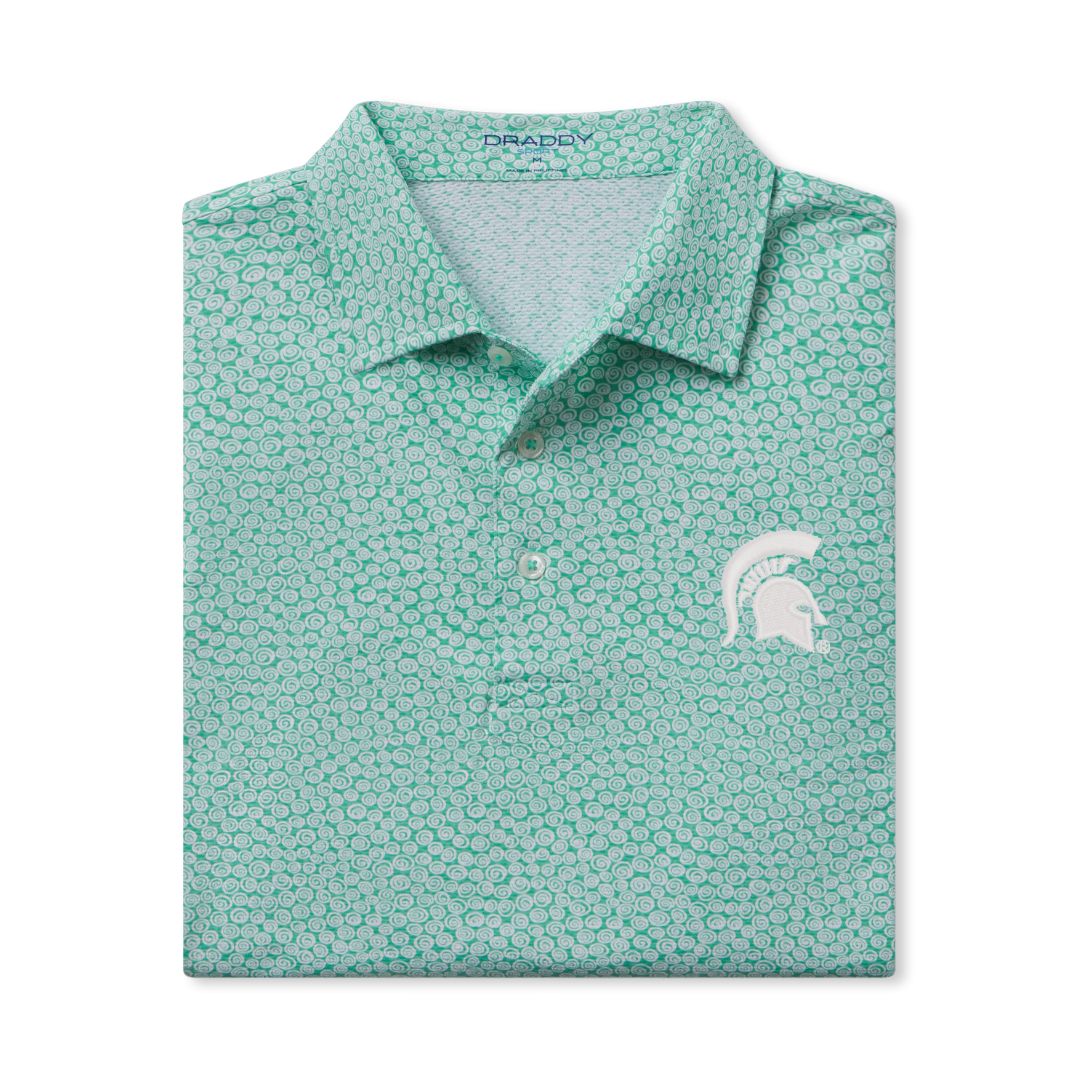 Teal button up polo with cross stitched 4-hole buttons, a classic collar, a vented tail, a spiral print, and the Spartan Helmet logo embroidered in white on the upper left chest. Shown on a white background. 