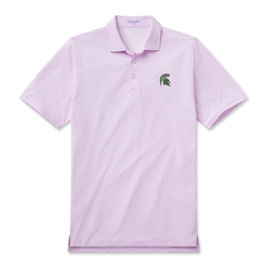 Light purple polo with a three-button placket and dark green Spartan Helmet logo embroidered on the upper left chest. Shown on a white background. 