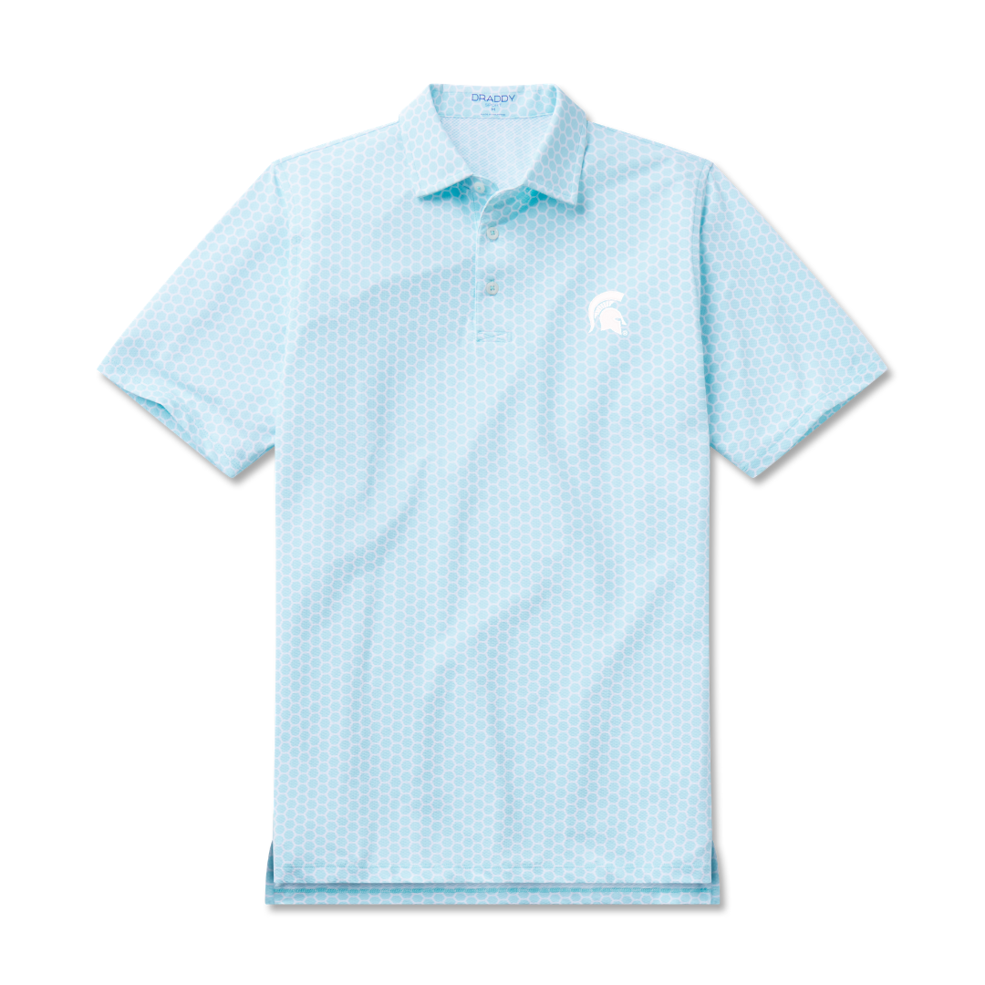 Blue polo with a dotted design, three-button placket, and a Spartan Helmet logo embroidered on the upper left chest. Shown on a white background. 