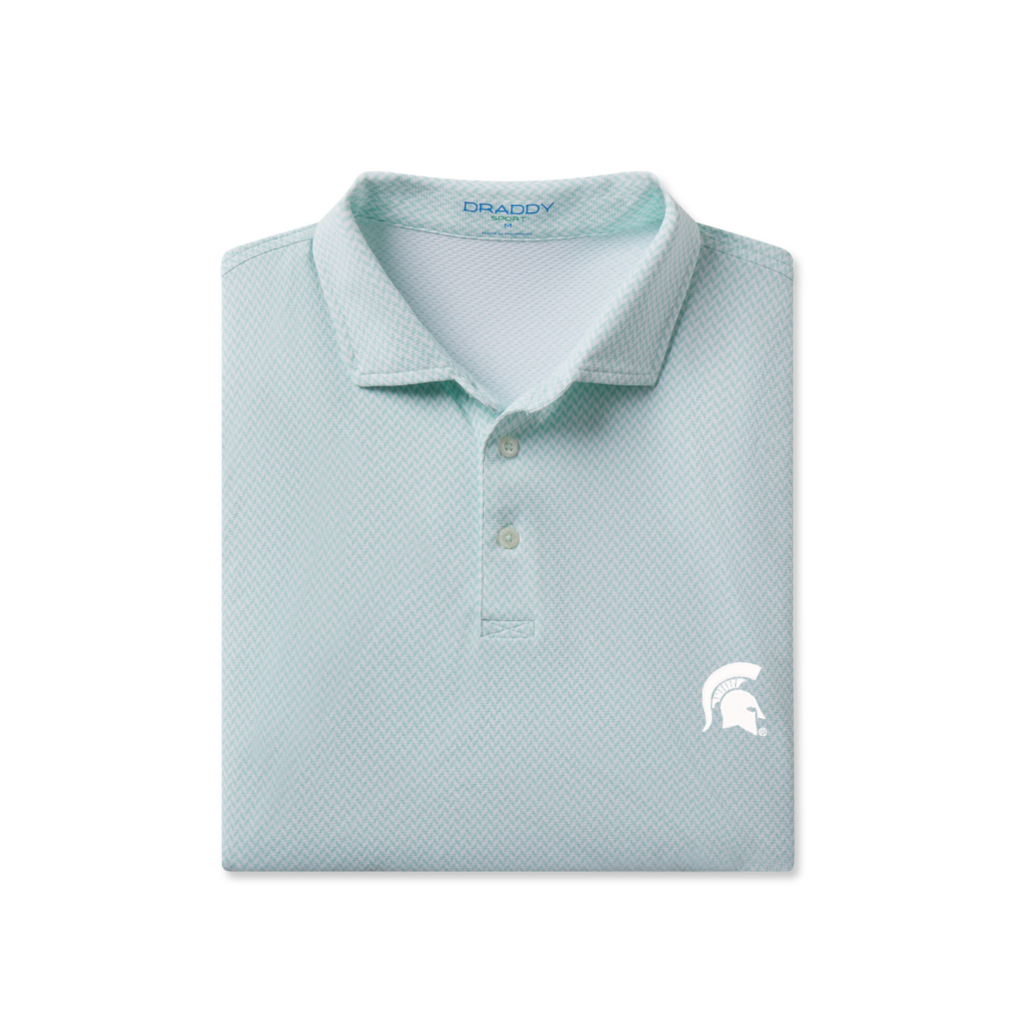 Light mint green Michigan State Spartans polo shirt with a subtle all-over chevron pattern. The short-sleeve polo features a three-button placket, self-fabric collar, and a white embroidered Spartan helmet logo on the left chest. Displayed folded against a light gray background.
