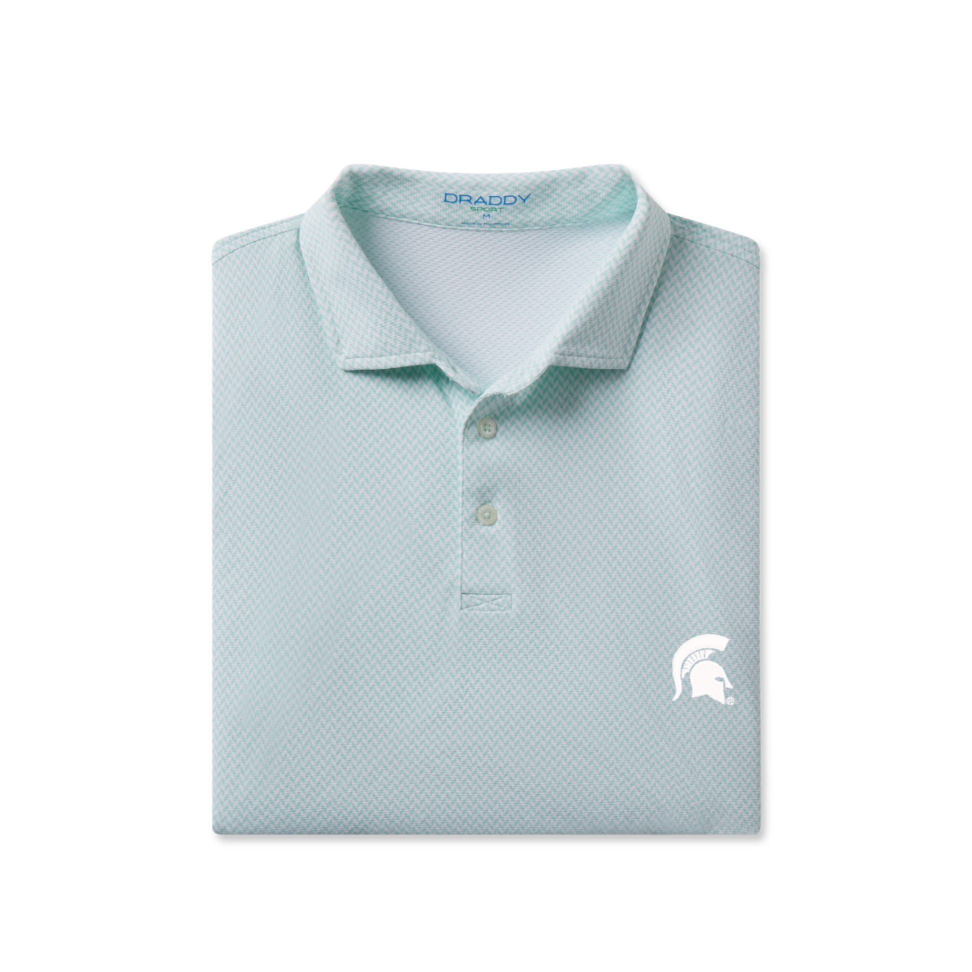 Light mint green Michigan State Spartans polo shirt with a subtle all-over chevron pattern. The short-sleeve polo features a three-button placket, self-fabric collar, and a white embroidered Spartan helmet logo on the left chest. Displayed folded against a light gray background.