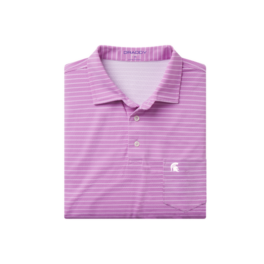 Light purple stripe pocket polo. Embroidered on pocket in top right corner is a small Spartan helmet in white. Pocket is located on left chest. 