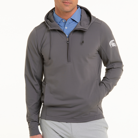 Person wearing a gray quarter-zip hoodie with a Spartan Helmet logo on the left sleeve, a blue collared shirt underneath, and light gray pants.