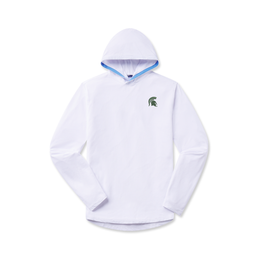 White performance hoodie with a blue inch wide boarder on inside of hood. Embroidered on left chest is a green Spartan helmet. 
