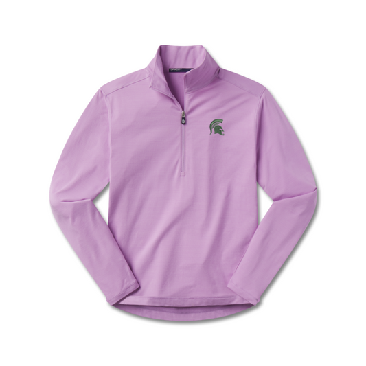 Lavender long-sleeve quarter-zip pullover featuring a green Michigan State Spartans helmet logo on the left chest.