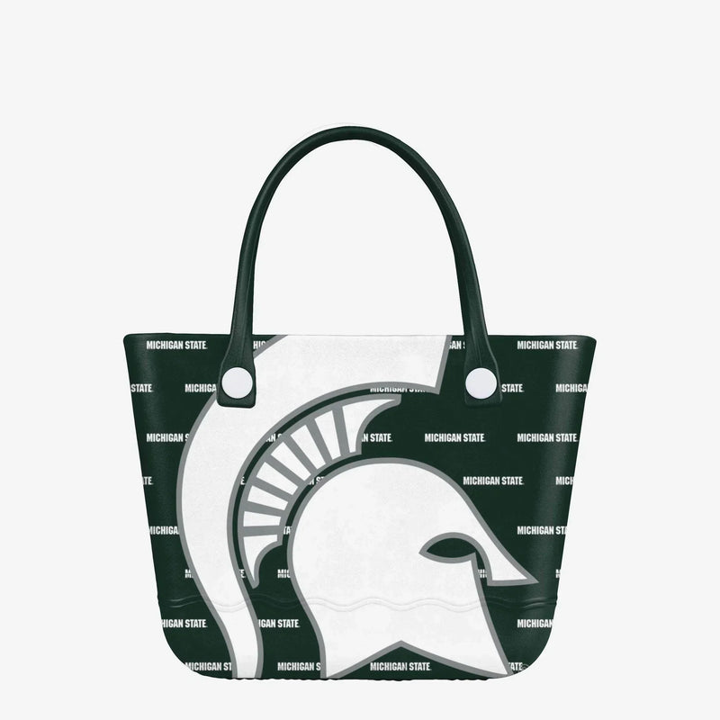 Side view of forest green tote with large white Spartan helmet across the side, with small white Michigan State background on body of tote.  Forest green handles. 