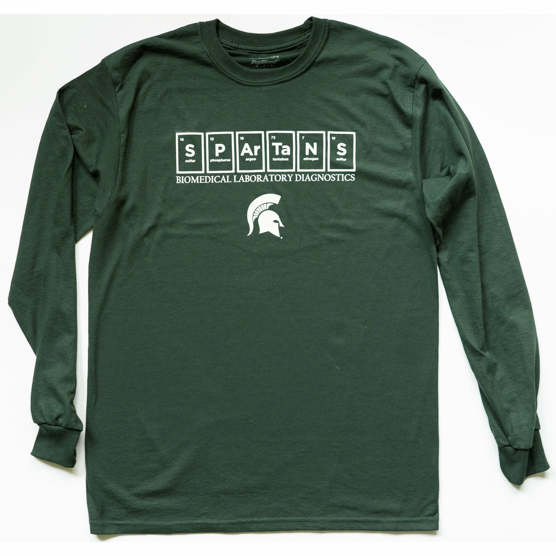 Forest green crewneck T-shirt with long sleeves. On the center chest are six periodic table elements spelling out Spartans. Underneath, Biomedical Laboratory Diagnostics is written in all caps with a Spartan Helmet centered underneath. All printing is in white.