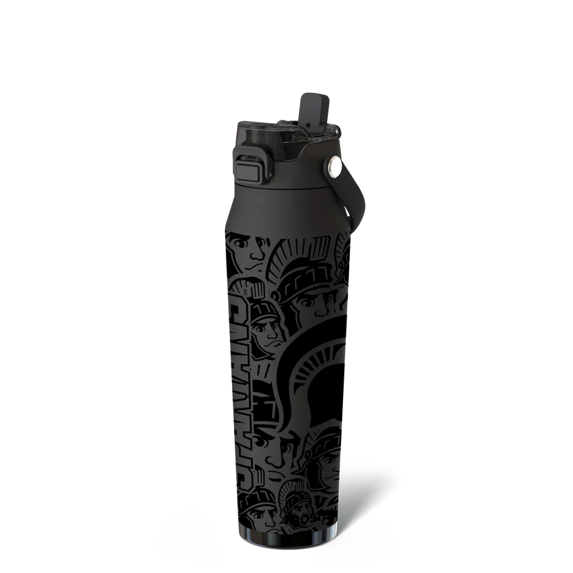 Black water bottle with Sparty tonal warrior design.