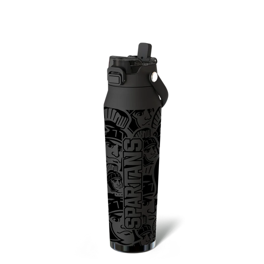 Black water bottle with "Spartans" text design with tonal Sparty design.