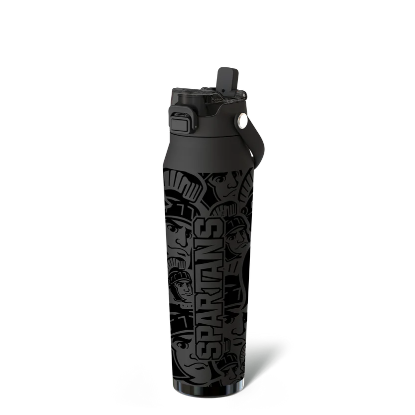 Black water bottle with "Spartans" text design with tonal Sparty design.