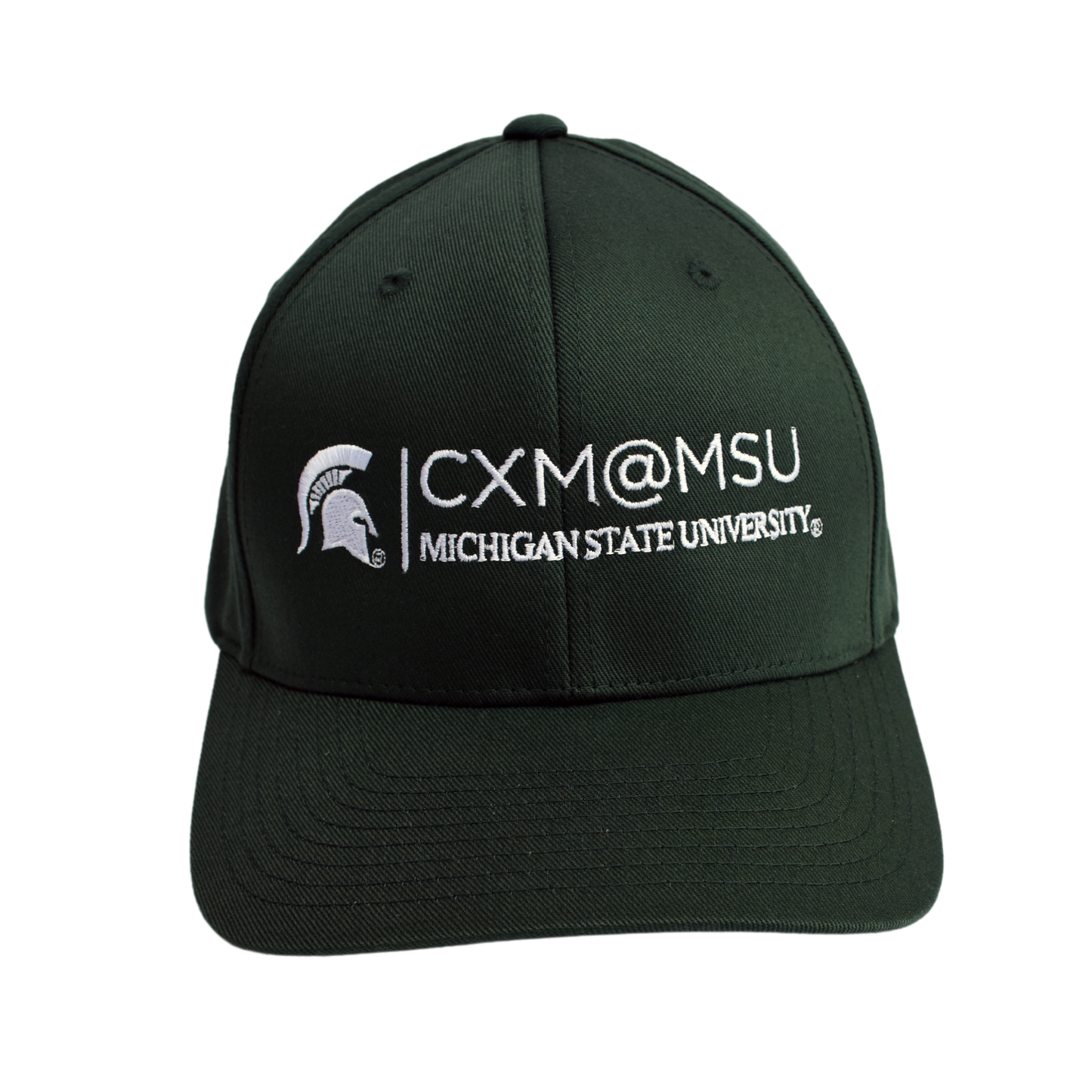 Front of a green baseball cap embroidered with the CXM@MSU signature logo and Spartan Helmet logo, both in white.