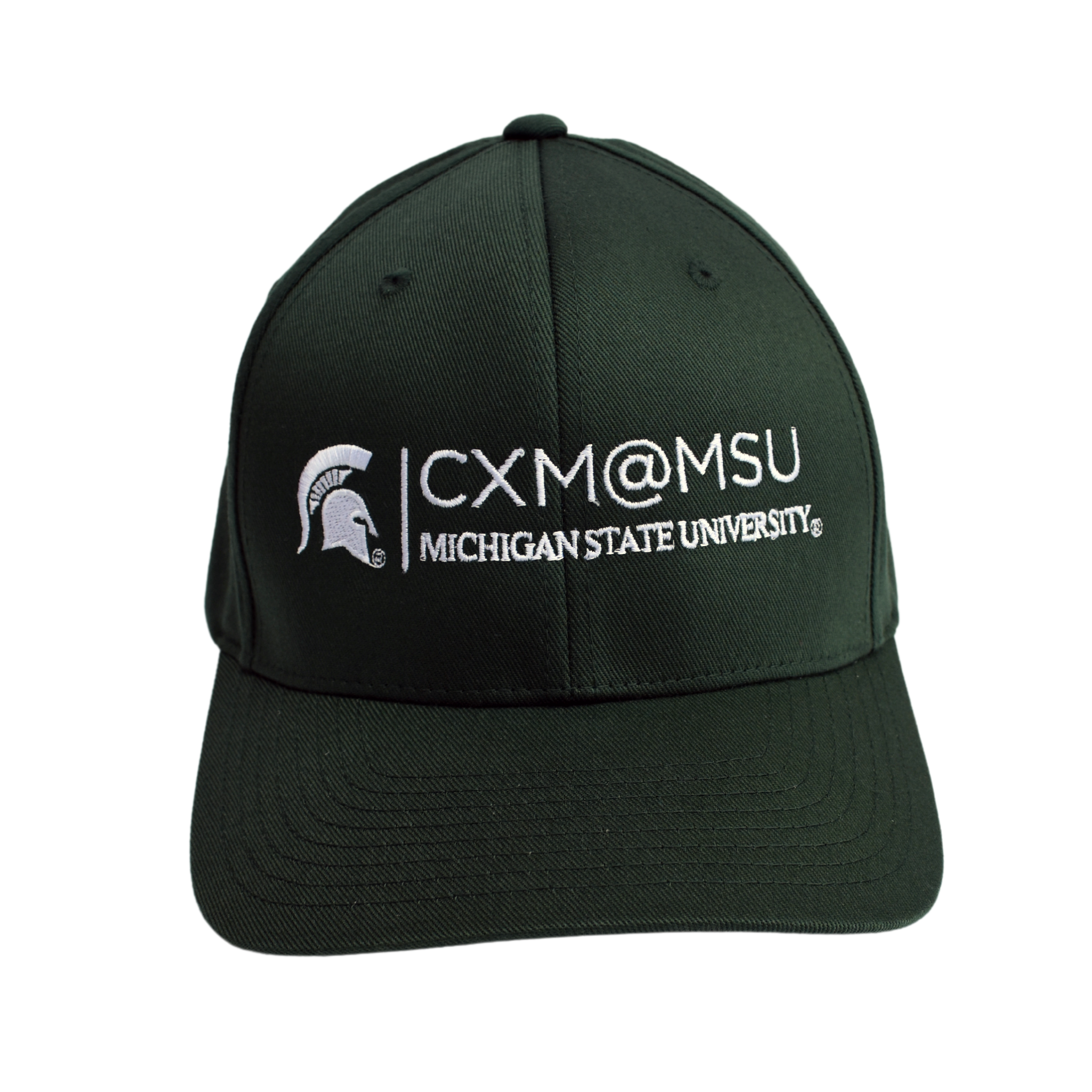 Front of a green baseball cap embroidered with the CXM@MSU signature logo in white.