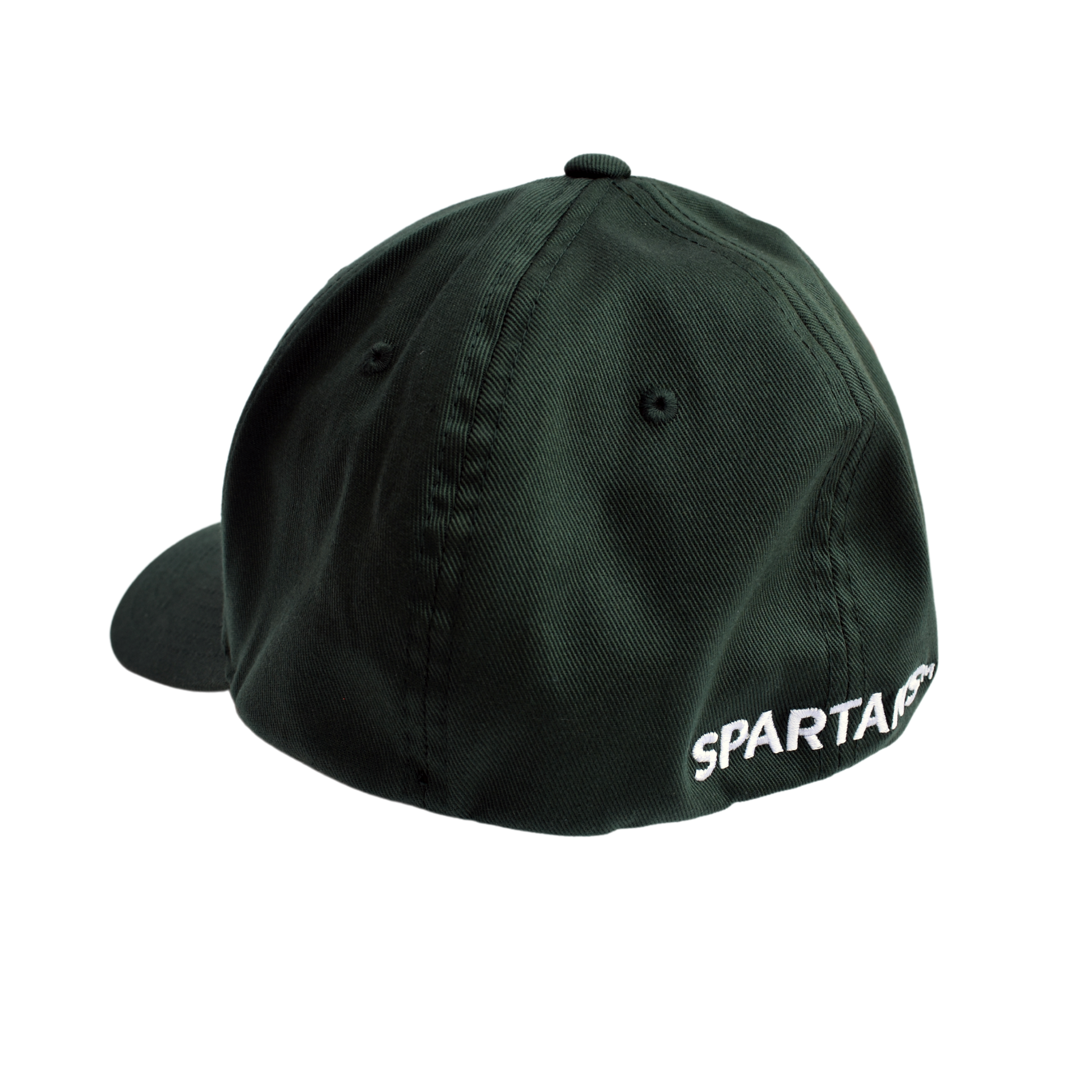 Three-quarters back view of a green baseball cap. White embroidery centered on the back just above the seam, reading "Spartans."