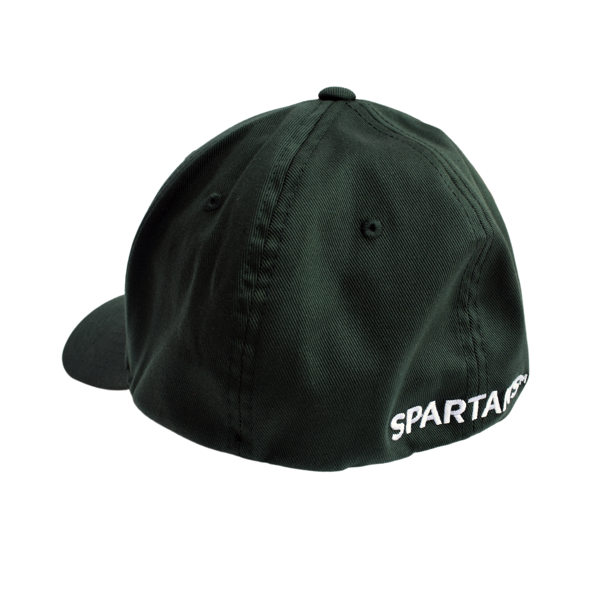 Three-quarters back view of a green baseball cap. White embroidery centered on the back just above the seam is partly visible.