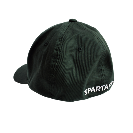 Three-quarters back view of a green baseball cap. White embroidery centered on the back just above the seam, reading "Spartans."