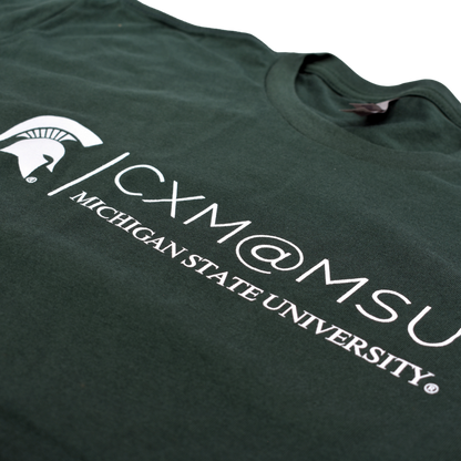 Close up of the printed CXM at MSU signature logo.