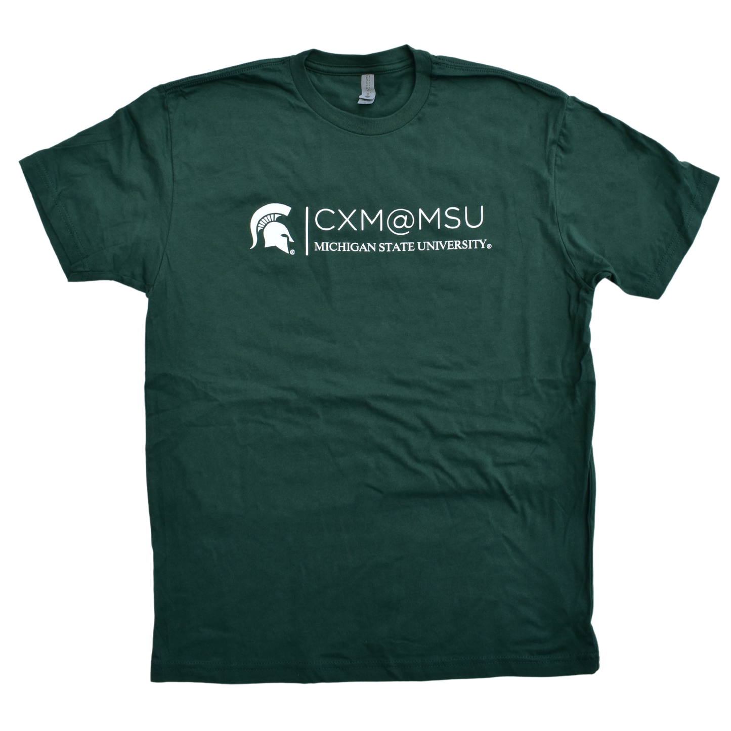 Green crewneck short-sleeve T-shirt with the CXM at MSU signature logo printed in white across the chest.