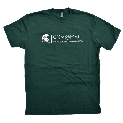 Green crewneck short-sleeve T-shirt with the CXM at MSU signature logo printed in white across the chest.