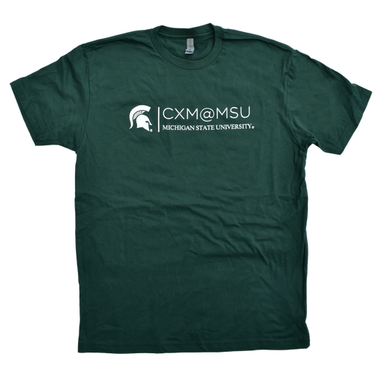 Green crewneck short-sleeve t-shirt with the CXM at MSU signature logo printed in white across the chest