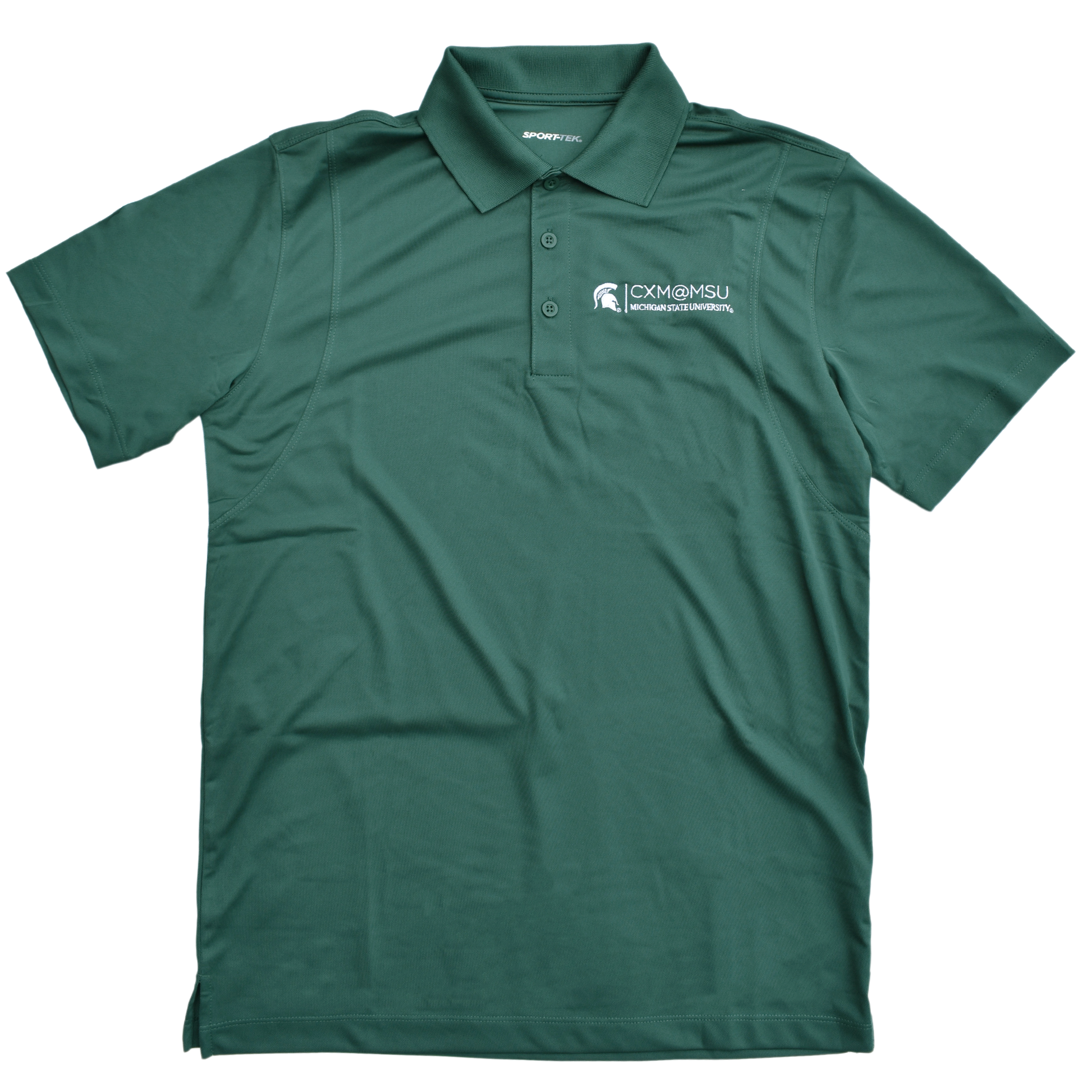 Green three button polo with the CXM at MSU signature logo embroidered in white on the left chest.