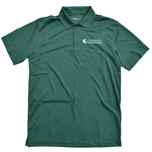 Green three button polo with the CXM at MSU signature logo embroidered in white on the left chest