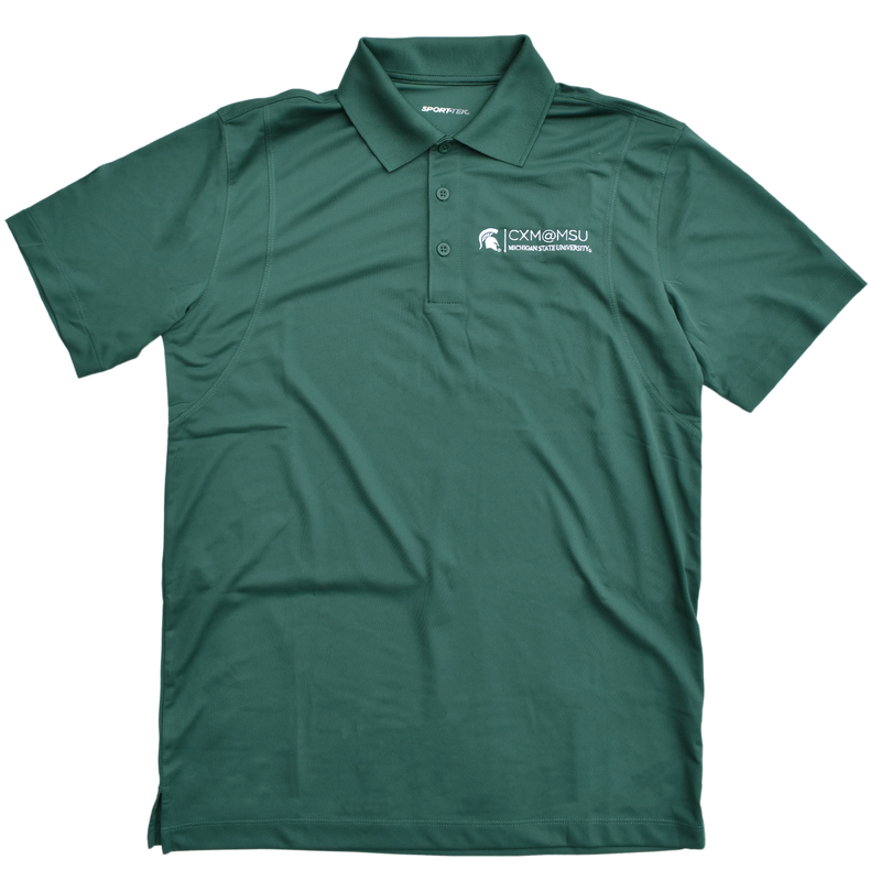 Green three button polo with the CXM at MSU signature logo embroidered in white on the left chest