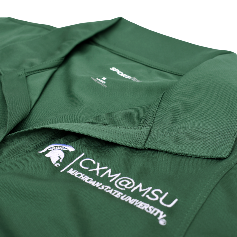 Close up of the embroidered CXM at MSU signature logo