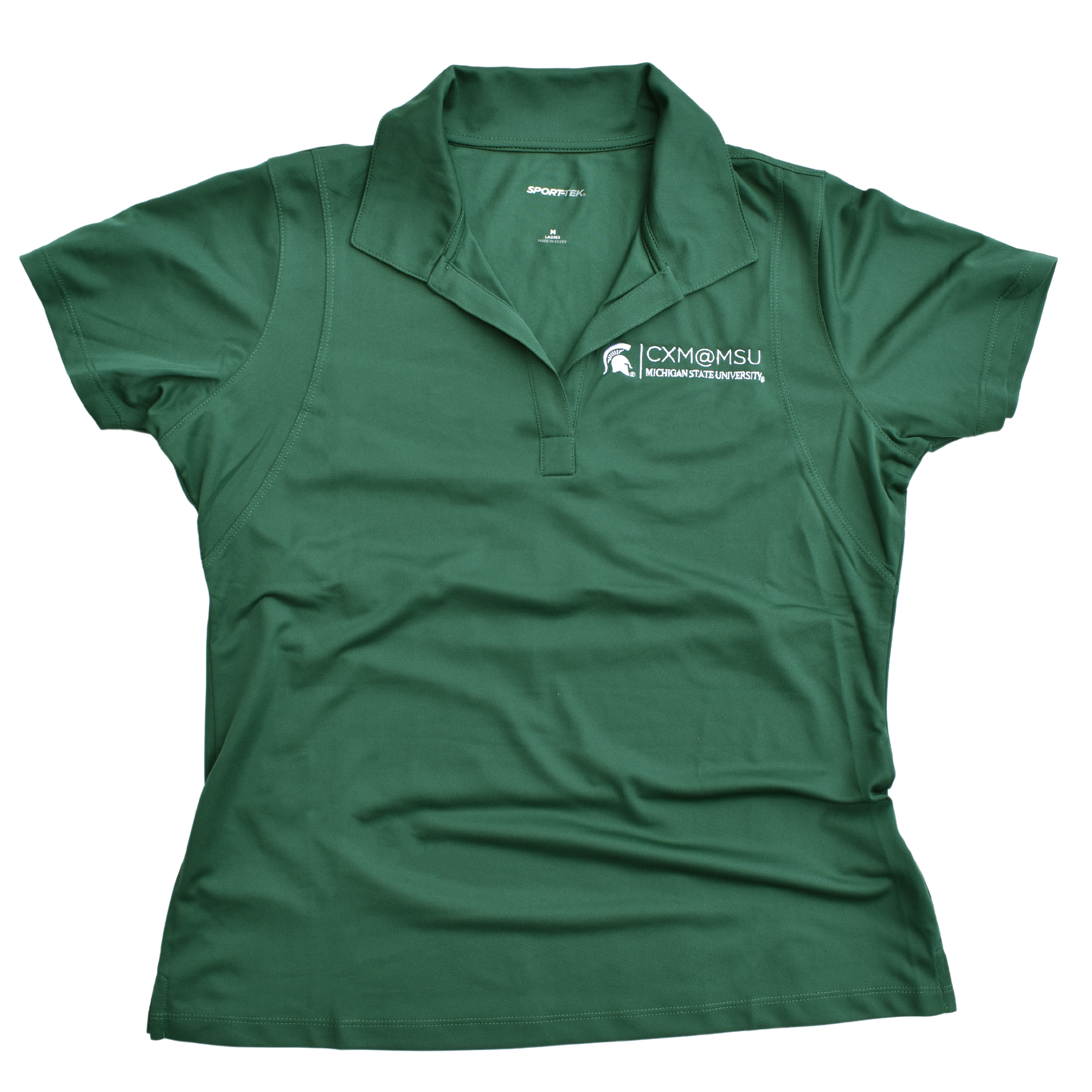 Green v-neck polo with the CXM at MSU signature logo embroidered in white on the left chest