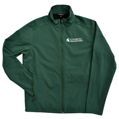 Green jacket with a standing collar and the CXM at MSU signature logo embroidered in white on the left chest