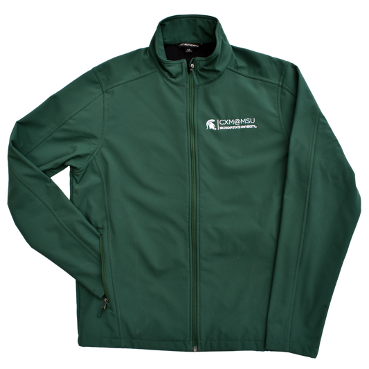 Green jacket with a standing collar and the CXM at MSU signature logo embroidered in white on the left chest