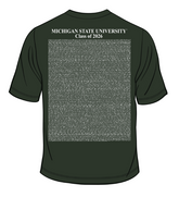 Digital image of the back of a dark green T-shirt with the names of 2026 MSU graduates in white and stacked text that reads "Michigan State University Class of 2026."