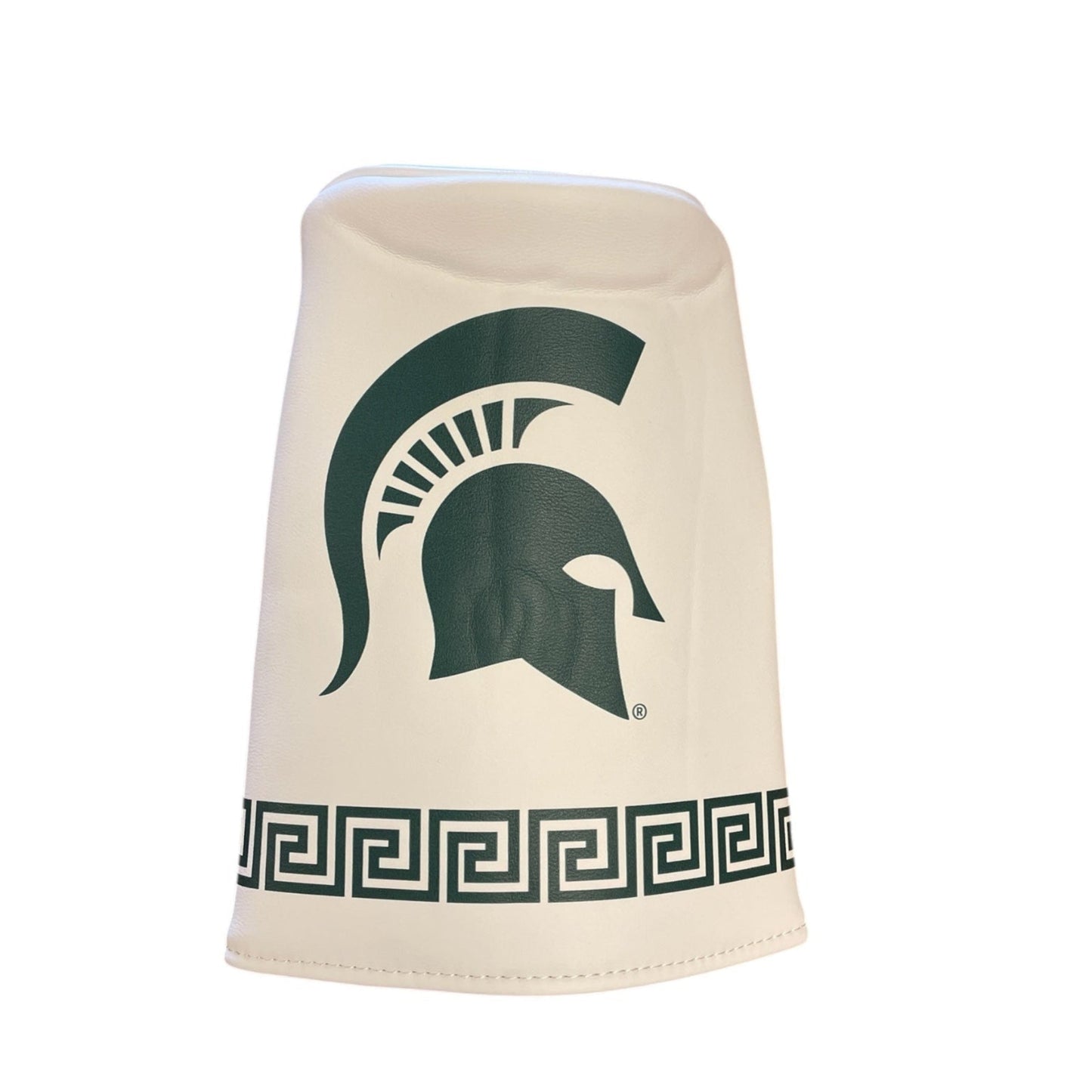 White barrel cover with a green Spartan Helmet logo and a green design going around the bottom of the barrel cover. Shown on a white background.  