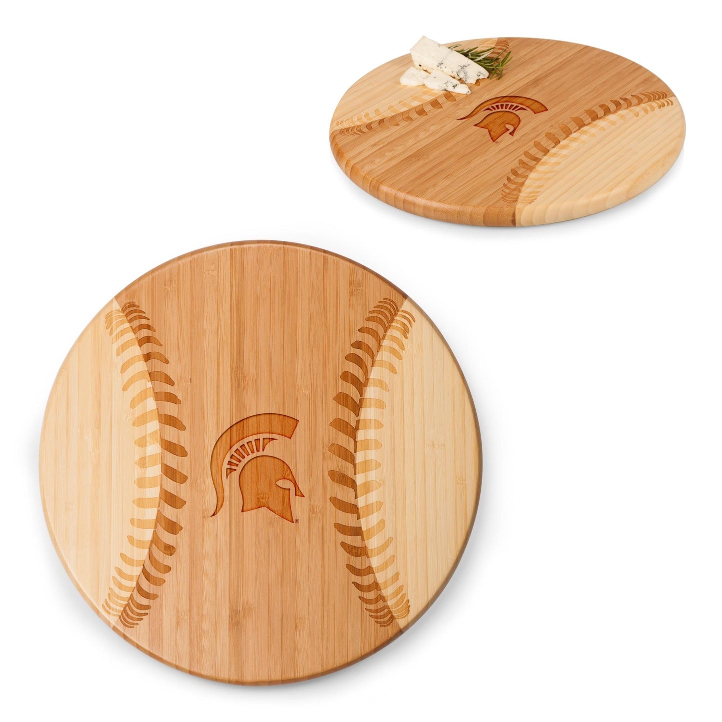 A wooden baseball-shaped cutting board with a Spartan Helmet logo in the center.