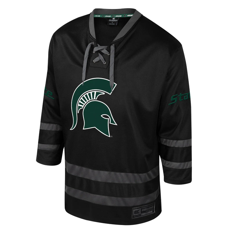 A black hockey jersey with gray laces and a green Spartan helmet logo in the center chest.