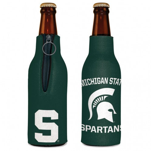 Green glass long neck bottle cooler. One side with a circle ring zipper, with white Spartan block S logo undereath. Other side, on top in white block letters "Michigan State" is written. Below in white is a Spartan Helmet logo. Below that in white block letters "Spartans."
