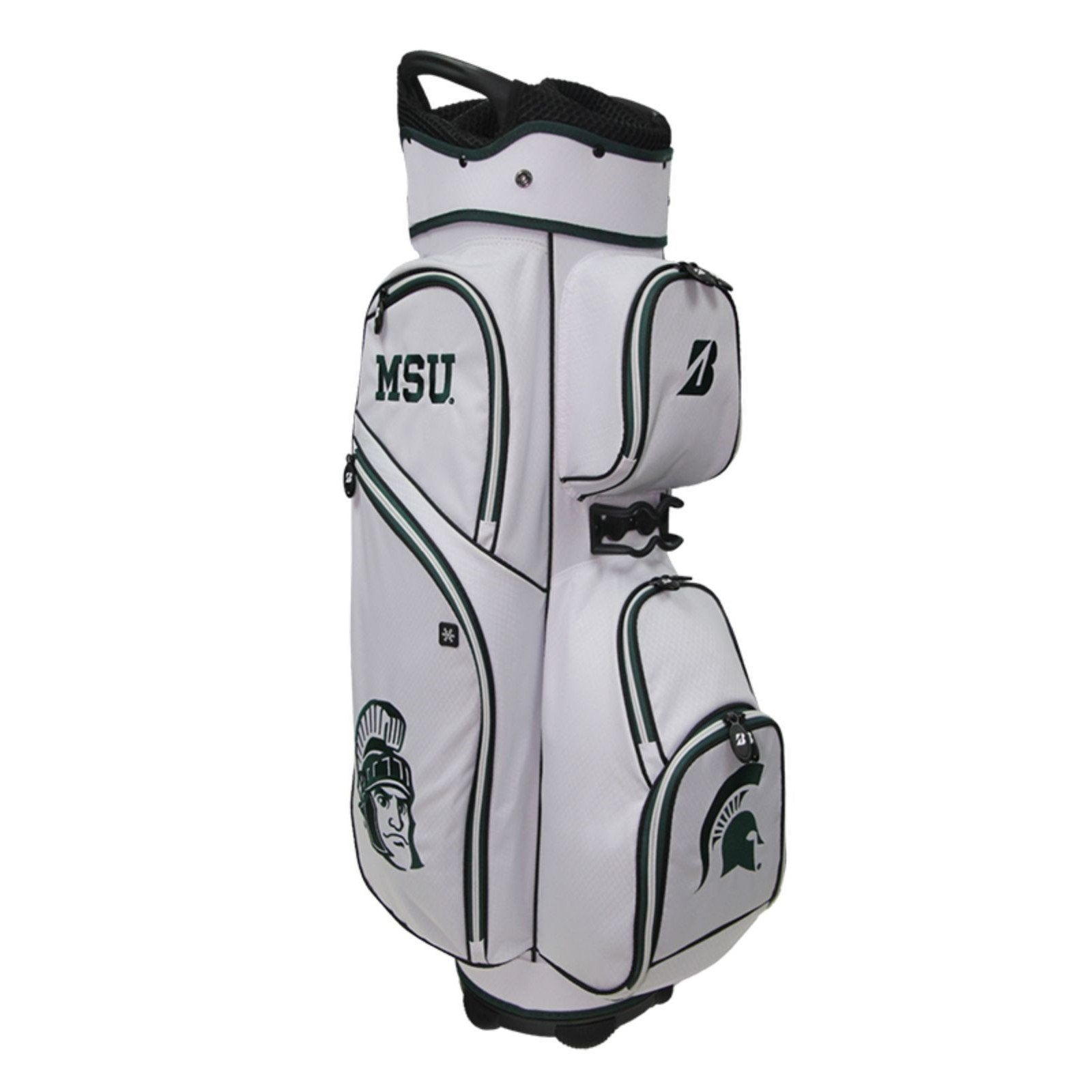 A Bridgestone NCAA cart bag with a 7-way divider top, multiple zippered pockets, and MSU school branding in gray, white, and green colors.